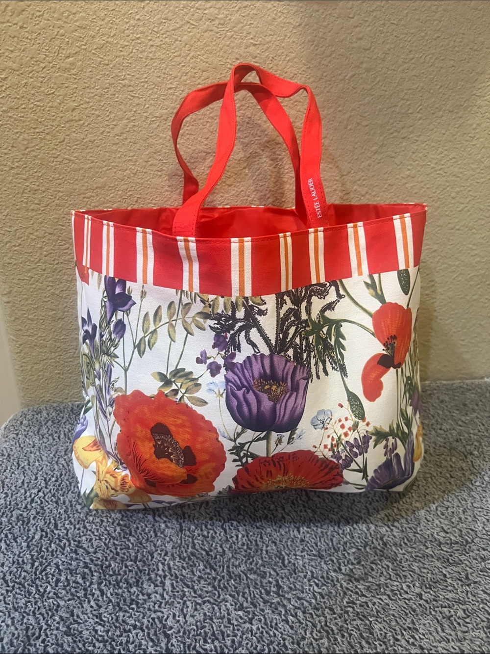 Estée Lauder Floral Canvas Tote Bag with Red Trim